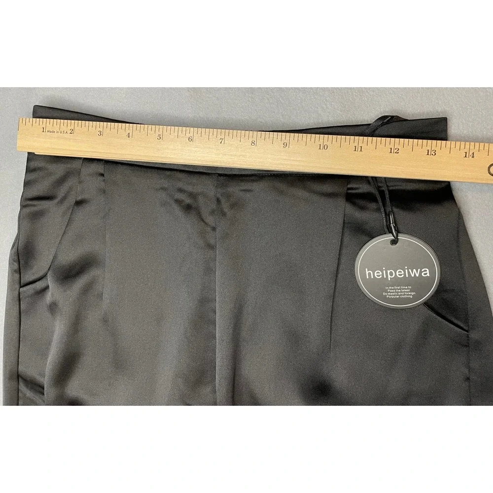 Heipeiwa Black Satin High Waisted‎ Pleated Trousers Pants Small NWT - Picture 7 of 9